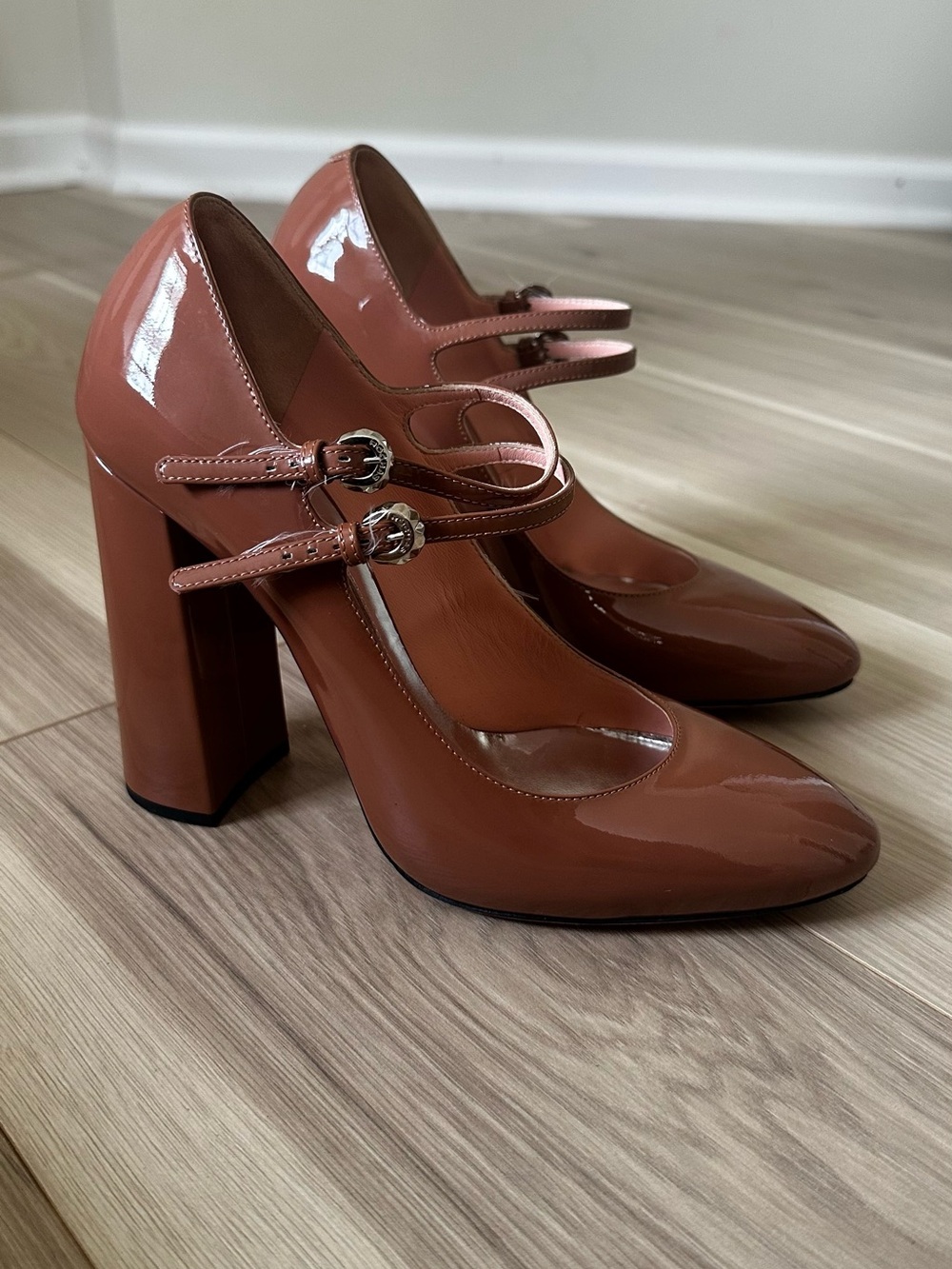 Rochas Women's Patent Mary Jane Block Heel Pumps in Cognac